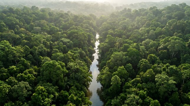 Aerial view of a winding river flowing through a dense rainforest