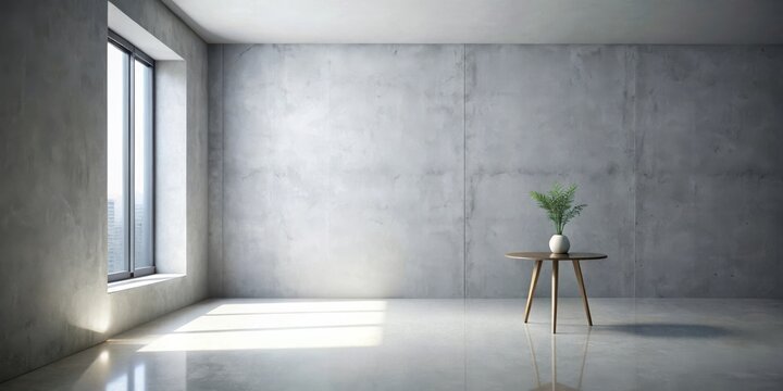 Modern minimalist room interior design with concrete wall, hardwood floors, and a small plant on a side table