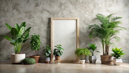 Fototapeta premium Modern Minimalist Interior Design Featuring an Array of Lush Green Potted Plants Flanking a Large Blank Framed Canvas Against a Textured Wall