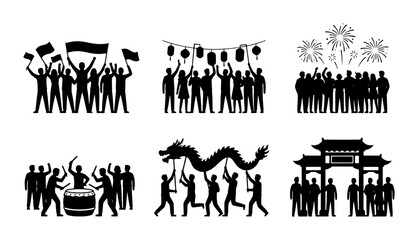 Celebration Crowd Silhouettes: Festival, Parade, Dragon Dance, Fireworks, Banner Waving, Drumming, Asian Gate Icons