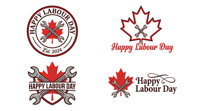 Set of four Canadian Labour Day badges with tools.