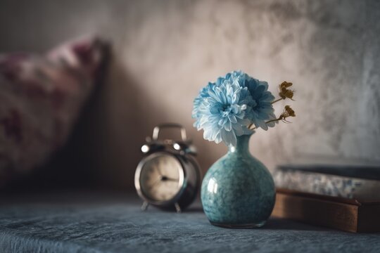 Blue flowers in a vase next to a clock on the table with books and a cushion in the background