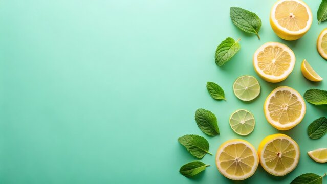 Refreshing Citrus and Mint Arrangement on a Teal Background A Vibrant Summer Design