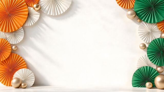 Minimalist Indian Independence Day background featuring paper fans in saffron, white, and green with golden spheres. Copy space mockup template for 15th August celebration banner and greeting card.