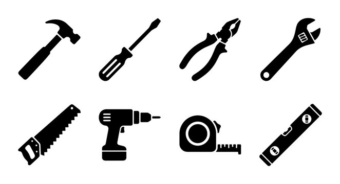 Set of 8 Black Silhouette Icons for Tools: Hammer, Screwdriver, Pliers, Wrench, Saw, Drill, Tape Measure, Level. Essential DIY and Construction Vector Graphics.