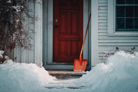 Snow covers the path outside a red door with a shovel resting beside it in winter