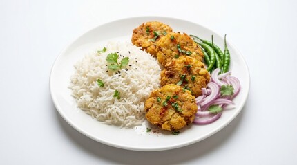Fototapeta premium A plate of vegetable cutlets with rice and garnished with green and red chili peppers, onions, and cilantro, served on a white plate with a white background.