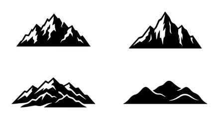 Set of Four Black and White Mountain Icons, Rugged Peaks Vector Graphics, Silhouette Mountain Ranges for Adventure and Nature Themes © Kawsar