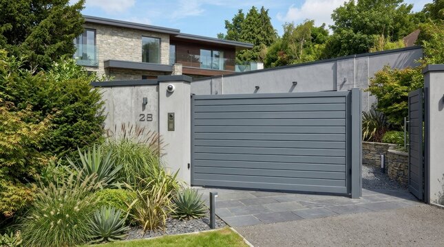 A modern, minimalist house with a large, grey, metal driveway gate, surrounded by lush greenery and a clear blue sky.