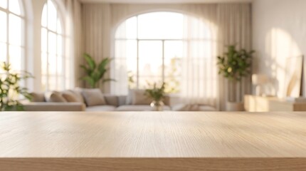 Fototapeta premium Empty Wooden Table Top with Blurred Bright Window Background