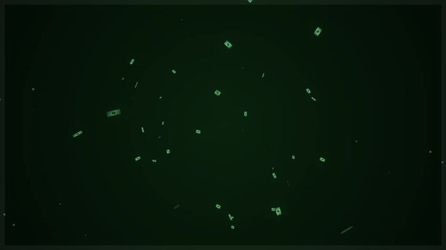 Abstract 3D Render of a Glowing Green Money Symbol Glittering on Black Digital Technology Background