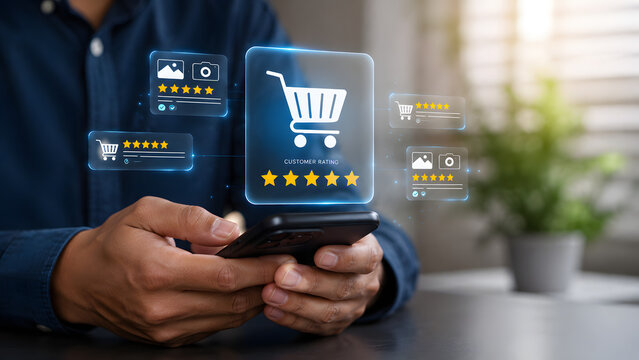 Customer using smartphone with shopping cart icon and five star customer rating review for online business.