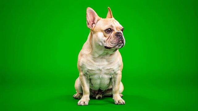 Small french bulldog sitting and looking at camera on green screen 4K video for video editing