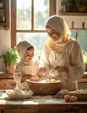 Hijabi mother and daughter baking in sunny kitchen