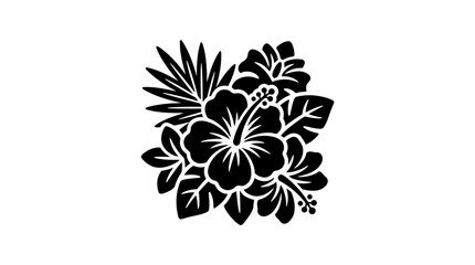 Tropical hibiscus and palm leaves icon. © Jaelani