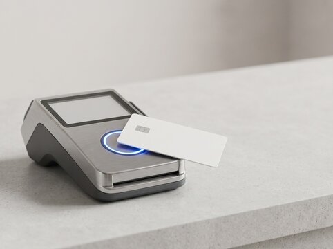 Payment terminal processes a contactless transaction using a blank white credit card on a clean stone counter surface.