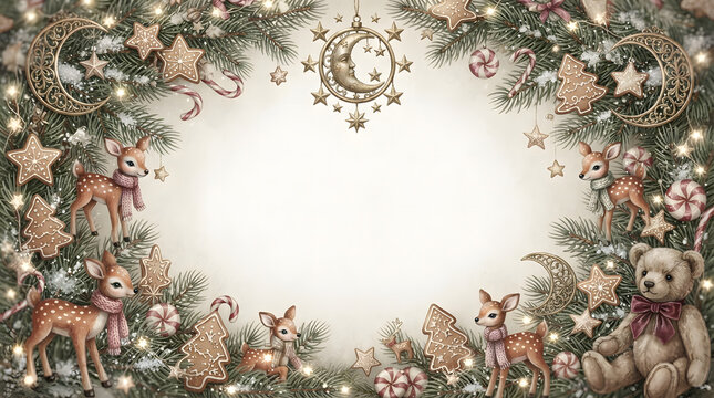 Whimsical Winter Holiday Border Background Featuring Little Fawns, Pine Branches, and Copy Space