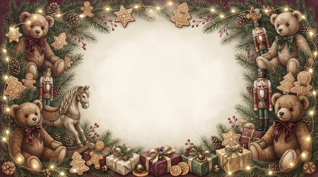 Cozy Winter Holiday Border Background Featuring Vintage Toys, Gingerbread, and Fairy Lights with Copy Space