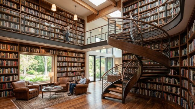A grand, multi-level library with a spiral staircase, wooden floors, and a large window overlooking a garden. The room is filled with bookshelves, comfortable seating, and a cozy atmosphere.