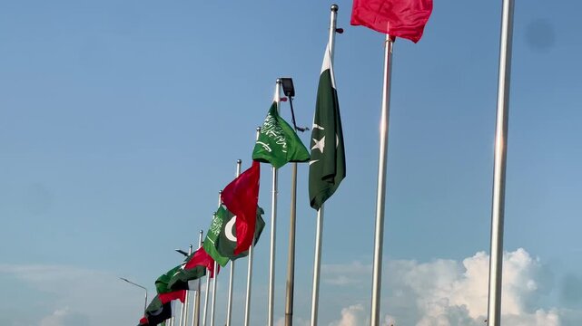 Pakistan Turkey Saudi Arabia Flags Waving Together, Three Country Relations and Economic Partnership Concept