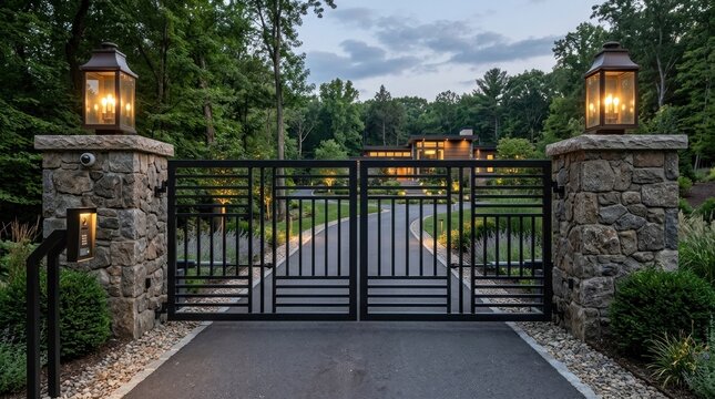A modern, black metal driveway gate with stone pillars and a stone wall, with a house in the background, illuminated by warm outdoor lighting.