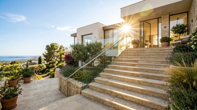 Modern, luxurious villa with glass doors and windows, overlooking a scenic landscape with mountains and trees.