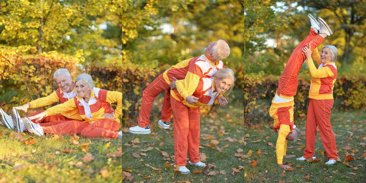 Active seniors playing outdoors in colorful autumn sportswear