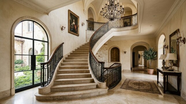A grand, ornate staircase with a curved railing, leading to a spacious, elegant hallway with arched doorways and a large, ornate mirror on the wall.