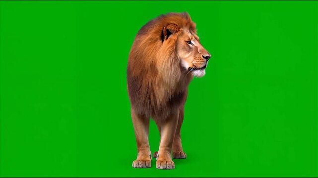 Majestic african lion standing isolated on green screen background 4K video for video editing