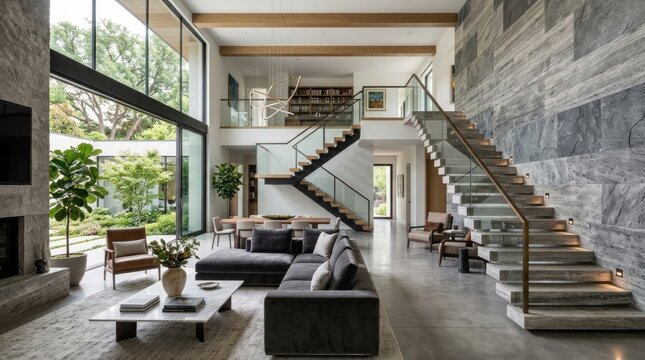 A modern, minimalist living room with a glass staircase, large windows, and a concrete floor.