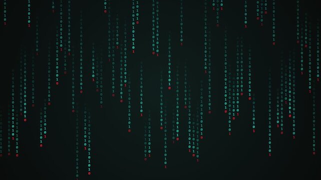Digital binary code stream with falling numbers in red and teal colors on a dark background