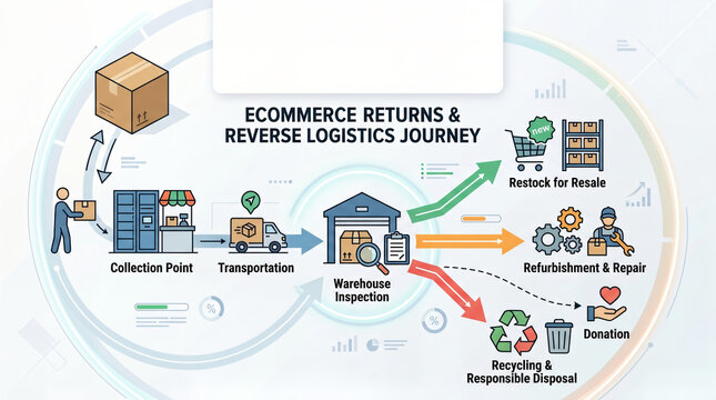Ecommerce returns and reverse logistics journey infographic flow chart