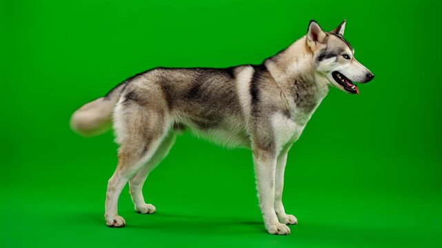 Happy siberian husky with tongue out standing on green screen background 4K video for video editing