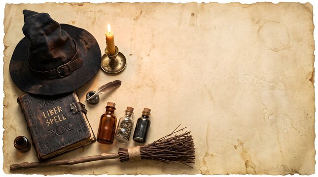 Witchcraft Spellbook, Hat, Candle, and Potion Bottles Arranged on an Aged Parchment Background for Mystical Themes