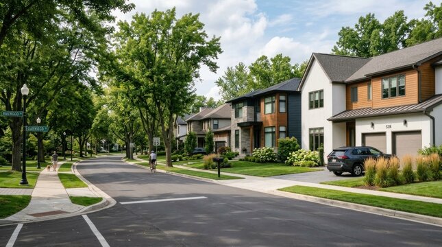 A residential street lined with modern, two-story houses, surrounded by lush green trees and a clear blue sky. 
