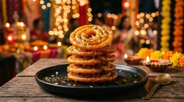A stack of Jalebi, a traditional Indian dessert, on a wooden table with a festive background.