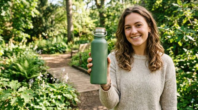 A young woman in a green sweater holding a green reusable water bottle in a lush, green garden with a wooden path and trees in the background.