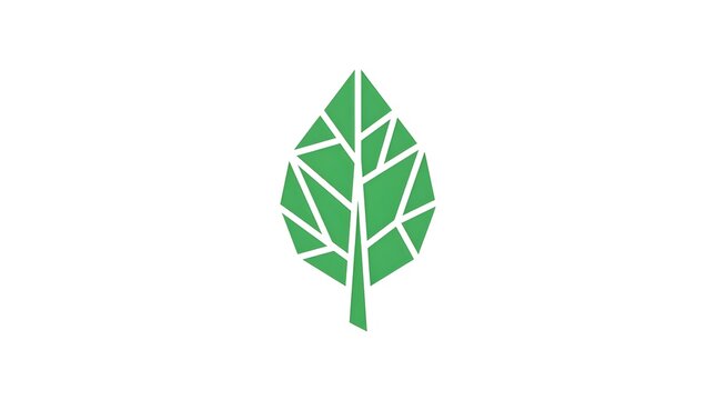 Minimalist green leaf logo formed by geometric shapes and clean white lines, isolated on a white background, representing nature, ecology, sustainability, and organic branding.