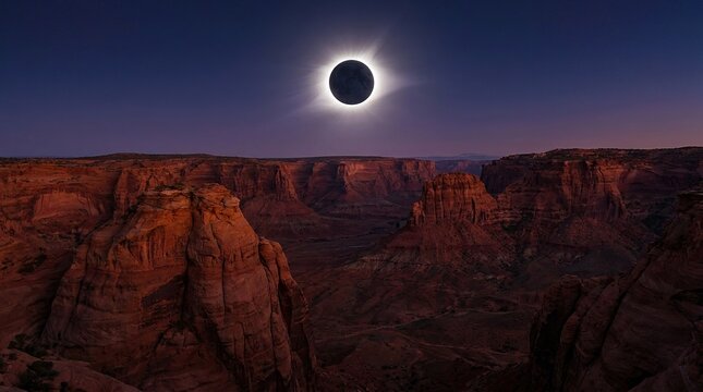 Total solar eclipse over the rugged landscape of the Grand Canyon at twilight.