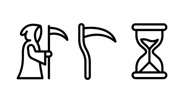 Set of death related icons showing grim reaper figure scythe blade hourglass with hourglass halloween mystical horrific illustration collection mysterious mortality monochrome