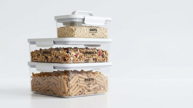 Three transparent plastic containers stacked on top of each other, filled with various food items such as granola bars, oatmeal, and pasta, placed on a white surface with a white background.