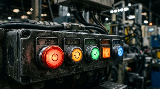 Industrial control panel with illuminated buttons and machinery background.