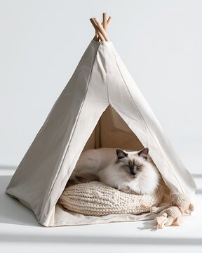 Cozy Pet Home, elegant ragdoll cat sleeping inside a soft fabric pet tent, knitted cushion and small plush toy,