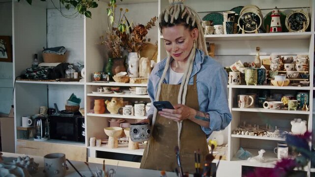 Lady potter checks smartphone against handmade ceramic displays