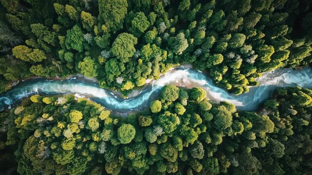 Aerial river through forest canopy, lush green landscape with winding blue water
