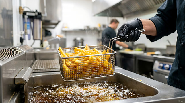 A gloved chef lifting fresh golden french fries in a fryer basket above bubbling oil in restaurant.