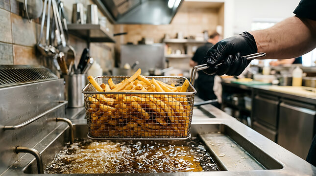 Chef lifting a basket of crispy golden french fries from hot bubbling oil in commercial kitchen.