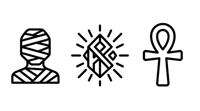 Egyptian mythology icons featuring mummy ankh and magical gem mythology archaeology mystical religion funerary talisman egyptian artifact illustration collection adventure exploration