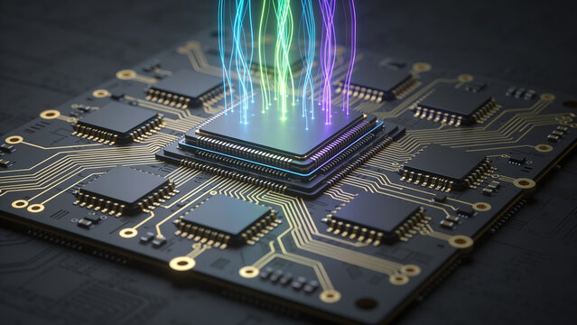 High-resolution professional stock photo of advanced multi-chip integrated circuit with glowing colorful data light trails on dark grey base.