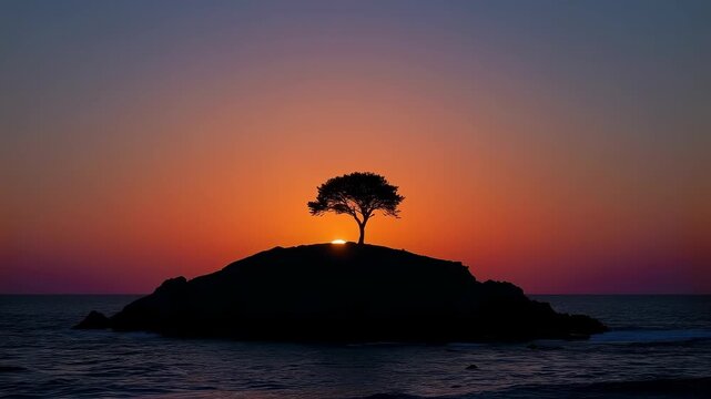 Sunset Silhouette of Lone Tree on Rocky Island Above Calm Sea and Orange Ocean Sky